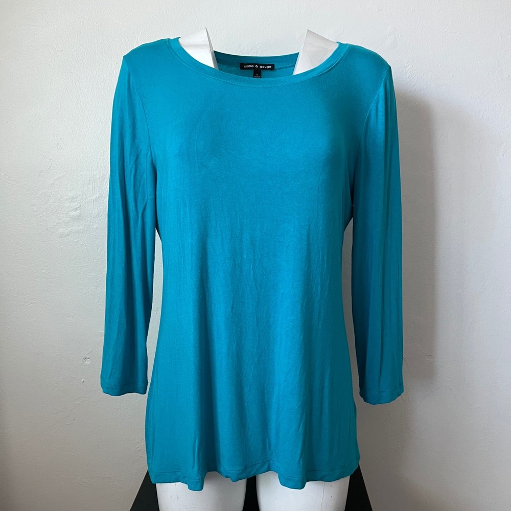 Cable & Gauge Womens XL Turquoise Blue Scoop Neck Long Sleeve Viscose Top